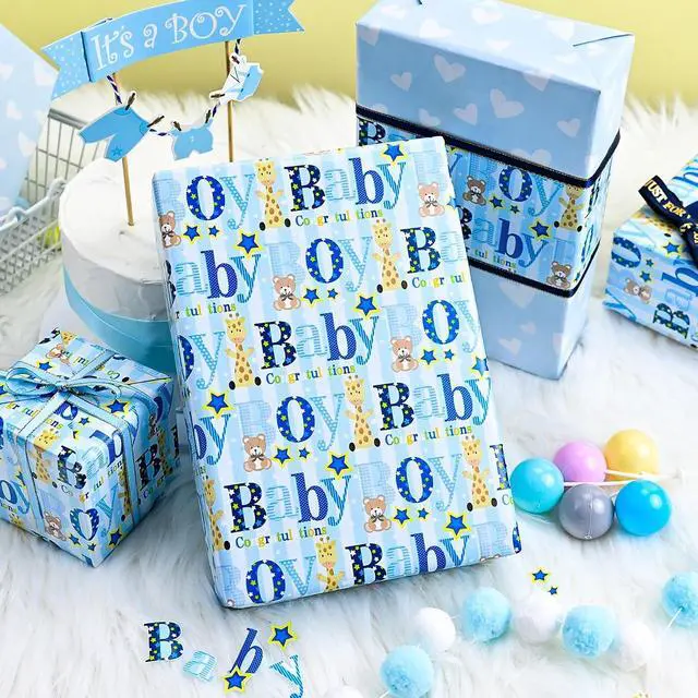 Alt view image 7 of 7 - Yarcony Boy Baby Shower Wrapping Paper - 17 Inch X 33 Feet - Reversible Cute Blue Baby Boy Animal Heart Theme Newborn Gift Wrap Paper for 1st Birthday, Baby Shower, Children's Christening, New Mommy