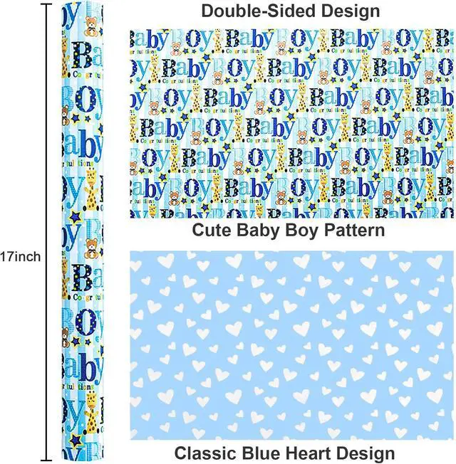 Alt view image 4 of 7 - Yarcony Boy Baby Shower Wrapping Paper - 17 Inch X 33 Feet - Reversible Cute Blue Baby Boy Animal Heart Theme Newborn Gift Wrap Paper for 1st Birthday, Baby Shower, Children's Christening, New Mommy