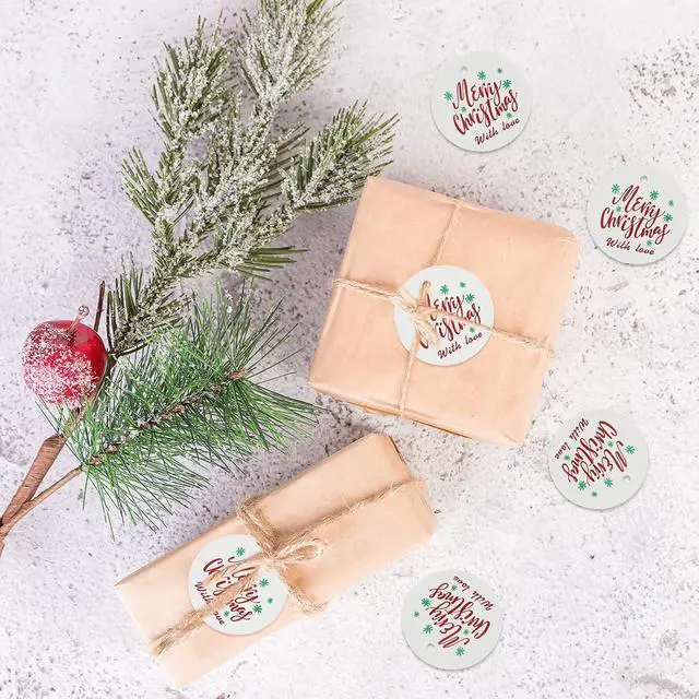 Alt view image 4 of 6 - jijAcraft Christmas Tags with String - 100Pcs Holiday Gift Tags, Merry Christmas with Love Name Labels, 2Inch Round Winter Gift Tag for Xmas Party, Party Favors, DIY Crafts
