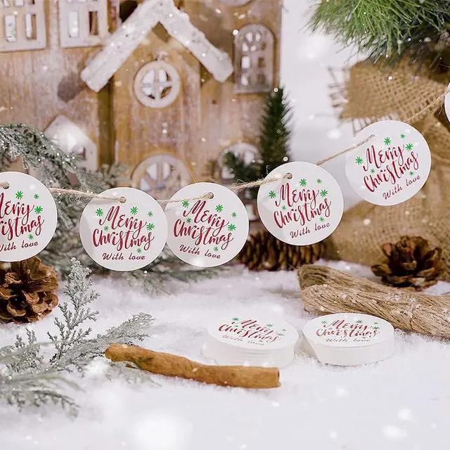 Alt view image 6 of 6 - jijAcraft Christmas Tags with String - 100Pcs Holiday Gift Tags, Merry Christmas with Love Name Labels, 2Inch Round Winter Gift Tag for Xmas Party, Party Favors, DIY Crafts