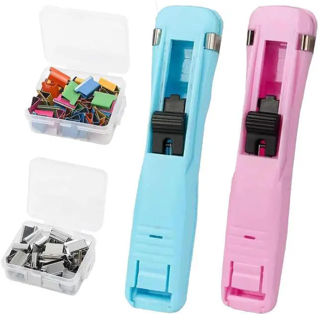 Main image of Portable Binder Clip Stapler, 100 Reusable Clips, Handheld Paper Clam Clip Dispenser for Desktop Document Home School Desk Office (Blue + Pink)