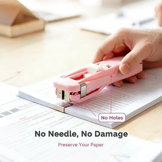 Alt view image 2 of 7 - Portable Binder Clip Stapler, 100 Reusable Clips, Handheld Paper Clam Clip Dispenser for Desktop Document Home School Desk Office (Blue + Pink)