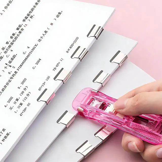 Alt view image 3 of 7 - Portable Binder Clip Stapler, 100 Reusable Clips, Handheld Paper Clam Clip Dispenser for Desktop Document Home School Desk Office (Blue + Pink)