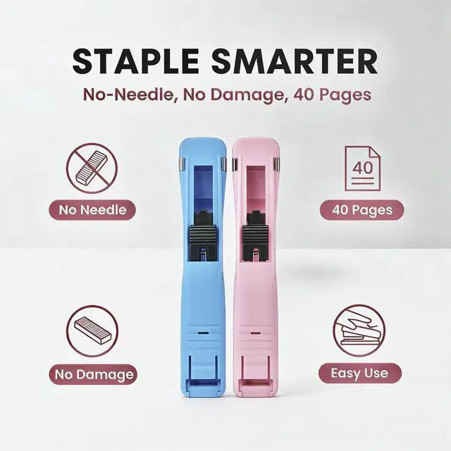 Alt view image 5 of 7 - Portable Binder Clip Stapler, 100 Reusable Clips, Handheld Paper Clam Clip Dispenser for Desktop Document Home School Desk Office (Blue + Pink)