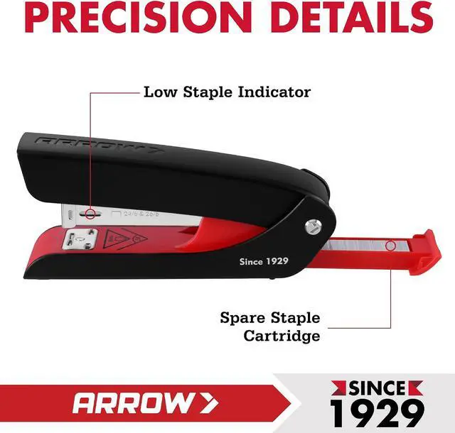 Alt view image 4 of 7 - Arrow Office Stapler Set, 25 Sheet Capacity Metal Desk Stapler with 2100 Staples and Staple Remover, Half Strip Design and Non-Slip Base, Spare Staple Storage for Classroom, Office and Home