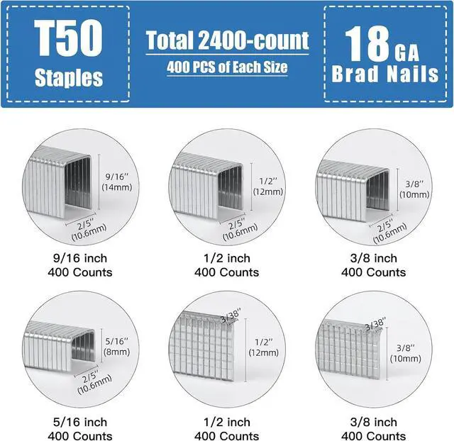 Alt view image 2 of 5 - Heavy Duty T50 Staples & 18GA Brad Nails Galvanized 2400 Pcs 6 Sizes