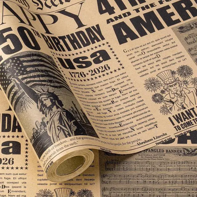 Alt view image 2 of 7 - RUSPEPA 250 Years Anniversary Patriotic Wrapping Paper Roll, Vintage Newspaper Independence Day Kraft Gift Wrap with Statue of Liberty Design for 4th of July