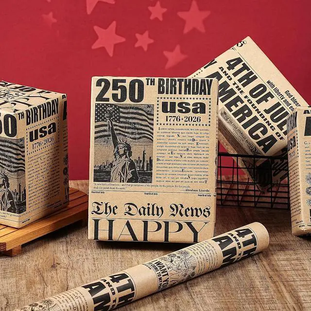 Alt view image 3 of 7 - RUSPEPA 250 Years Anniversary Patriotic Wrapping Paper Roll, Vintage Newspaper Independence Day Kraft Gift Wrap with Statue of Liberty Design for 4th of July