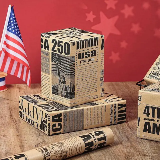 Alt view image 4 of 7 - RUSPEPA 250 Years Anniversary Patriotic Wrapping Paper Roll, Vintage Newspaper Independence Day Kraft Gift Wrap with Statue of Liberty Design for 4th of July