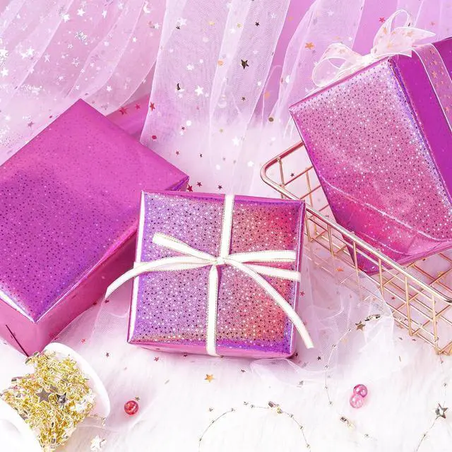 Alt view image 4 of 7 - WRAPAHOLIC Pink Wrapping Paper Roll - Mini Roll - 17 Inch x 16.5 Feet - Metallic Holographic Star Wrapping Paper for Birthday, Wedding, Baby Shower, Bridal Shower, Christmas