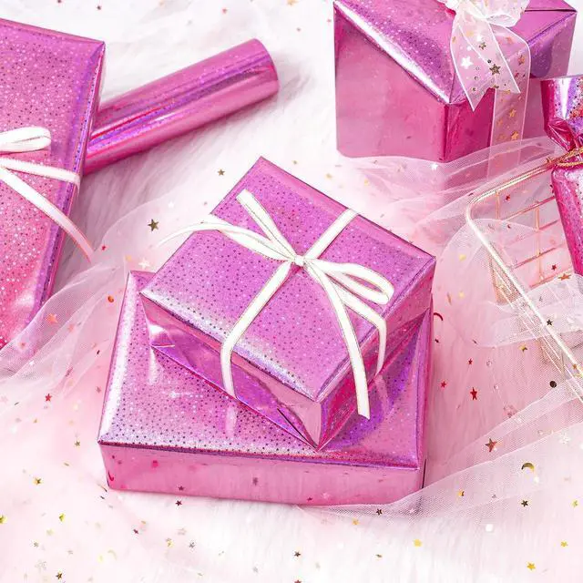 Alt view image 5 of 7 - WRAPAHOLIC Pink Wrapping Paper Roll - Mini Roll - 17 Inch x 16.5 Feet - Metallic Holographic Star Wrapping Paper for Birthday, Wedding, Baby Shower, Bridal Shower, Christmas