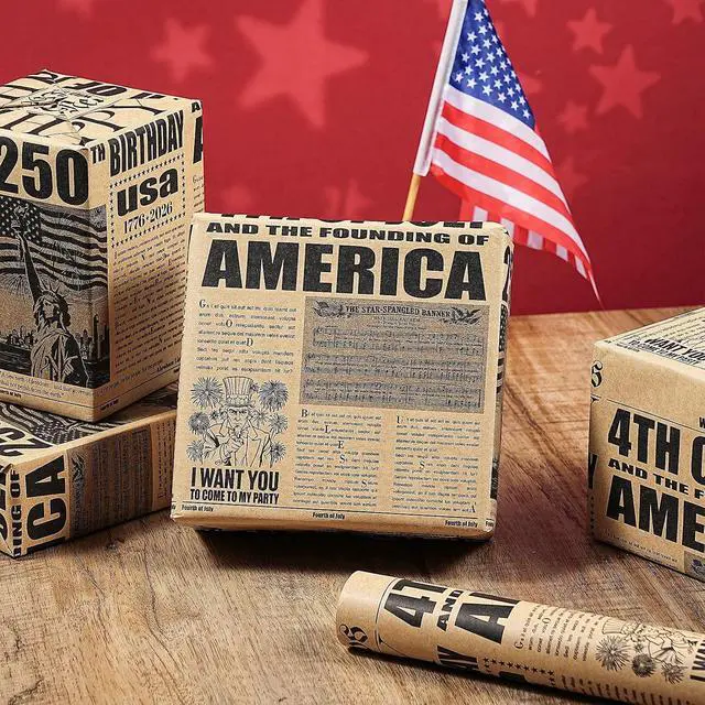 Alt view image 5 of 7 - RUSPEPA 250 Years Anniversary Patriotic Wrapping Paper Roll, Vintage Newspaper Independence Day Kraft Gift Wrap with Statue of Liberty Design for 4th of July
