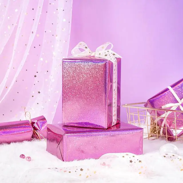 Alt view image 7 of 7 - WRAPAHOLIC Pink Wrapping Paper Roll - Mini Roll - 17 Inch x 16.5 Feet - Metallic Holographic Star Wrapping Paper for Birthday, Wedding, Baby Shower, Bridal Shower, Christmas