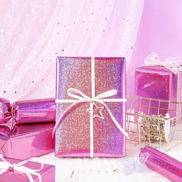 Alt view image 6 of 7 - WRAPAHOLIC Pink Wrapping Paper Roll - Mini Roll - 17 Inch x 16.5 Feet - Metallic Holographic Star Wrapping Paper for Birthday, Wedding, Baby Shower, Bridal Shower, Christmas
