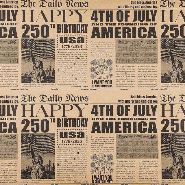 Alt view image 7 of 7 - RUSPEPA 250 Years Anniversary Patriotic Wrapping Paper Roll, Vintage Newspaper Independence Day Kraft Gift Wrap with Statue of Liberty Design for 4th of July