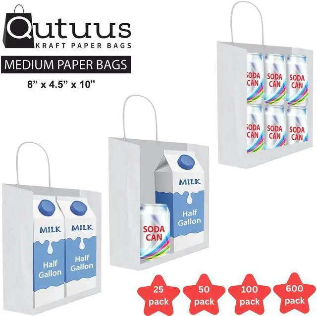 Alt view image 4 of 7 - Qutuus White Paper Gift Bags with Handles Bulk 25 pcs 8x4.5x10 Medium White Paper Bags for Gifts, Valentines, Shopping,