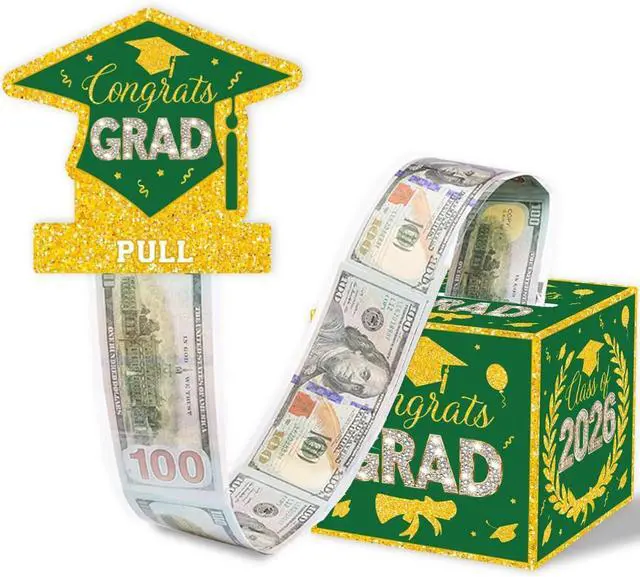 Main image of ChillHui 2026 Graduation Money Gifts Pull Box for Cash, Green Golden Class of 2026 Graduation Money Holder for Grad Party