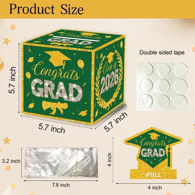 Alt view image 3 of 6 - ChillHui 2026 Graduation Money Gifts Pull Box for Cash, Green Golden Class of 2026 Graduation Money Holder for Grad Party
