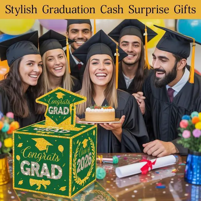 Alt view image 5 of 6 - ChillHui 2026 Graduation Money Gifts Pull Box for Cash, Green Golden Class of 2026 Graduation Money Holder for Grad Party