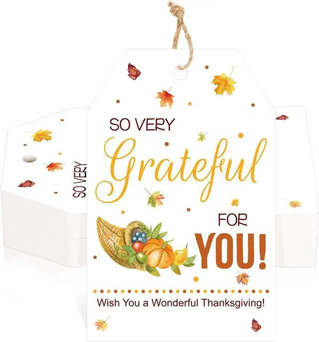 Main image of jijAcraft 50Pcs Fall Gift Tags with String - Happy Thanksgiving Tags, 3.3x2.1 Inch White Paper Maple Leaf Pumpkin Labels, Thanksgiving Gift Wrap Hangtag for Thanksgiving Party Favor School Office Home