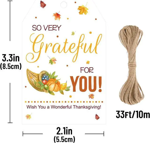 Alt view image 2 of 7 - jijAcraft 50Pcs Fall Gift Tags with String - Happy Thanksgiving Tags, 3.3x2.1 Inch White Paper Maple Leaf Pumpkin Labels, Thanksgiving Gift Wrap Hangtag for Thanksgiving Party Favor School Office Home