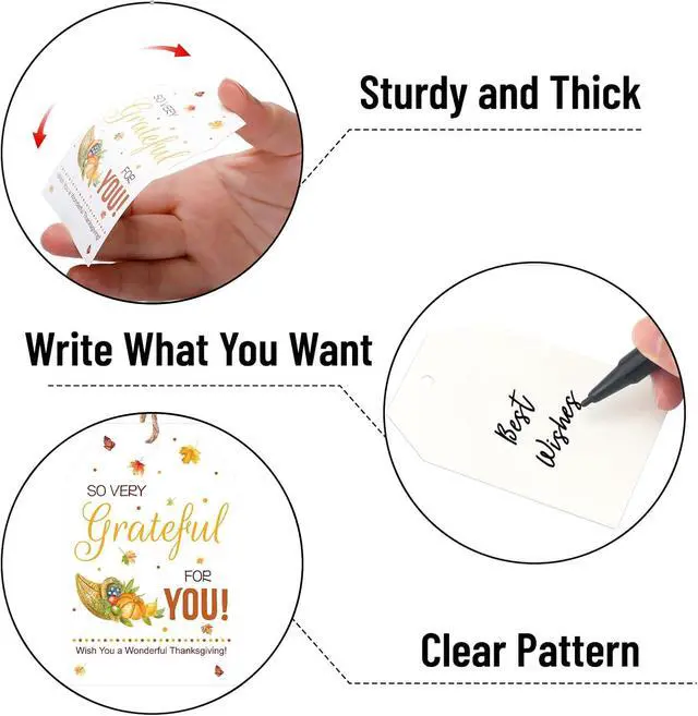 Alt view image 3 of 7 - jijAcraft 50Pcs Fall Gift Tags with String - Happy Thanksgiving Tags, 3.3x2.1 Inch White Paper Maple Leaf Pumpkin Labels, Thanksgiving Gift Wrap Hangtag for Thanksgiving Party Favor School Office Home