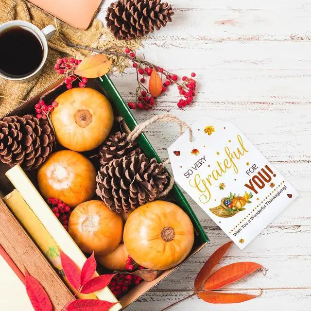 Alt view image 4 of 7 - jijAcraft 50Pcs Fall Gift Tags with String - Happy Thanksgiving Tags, 3.3x2.1 Inch White Paper Maple Leaf Pumpkin Labels, Thanksgiving Gift Wrap Hangtag for Thanksgiving Party Favor School Office Home