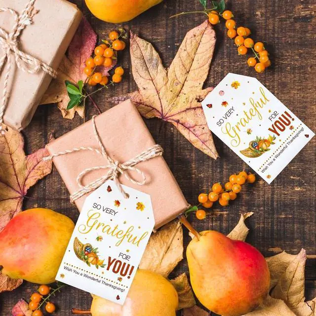Alt view image 5 of 7 - jijAcraft 50Pcs Fall Gift Tags with String - Happy Thanksgiving Tags, 3.3x2.1 Inch White Paper Maple Leaf Pumpkin Labels, Thanksgiving Gift Wrap Hangtag for Thanksgiving Party Favor School Office Home