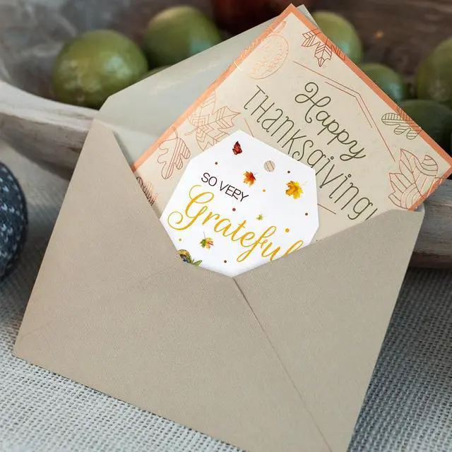 Alt view image 6 of 7 - jijAcraft 50Pcs Fall Gift Tags with String - Happy Thanksgiving Tags, 3.3x2.1 Inch White Paper Maple Leaf Pumpkin Labels, Thanksgiving Gift Wrap Hangtag for Thanksgiving Party Favor School Office Home