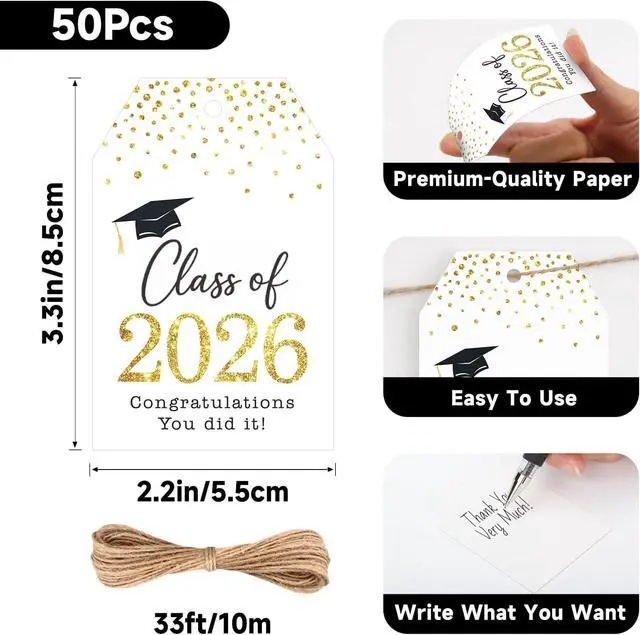 Alt view image 3 of 7 - Anwyll Graduation Gift Tags 2026-50Pcs Happy Graduation Tags with String Congrats Grad Class of 2026 Tag Congratulations You Did It Tag for Grad Party Favors Decor Gift Wrapping Goodie Treat Bag