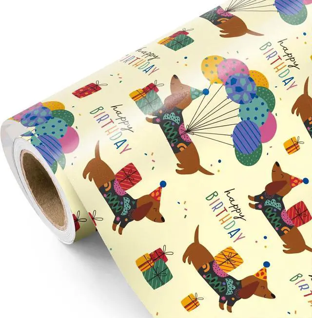 Main image of WRAPAHOLIC Puppy Dog Wrapping Paper - Mini Roll - 17 Inch x 9.8 Feet - Yellow Birthday Wrapping Paper Perfect for Kids Boys Grils, Baby Shower