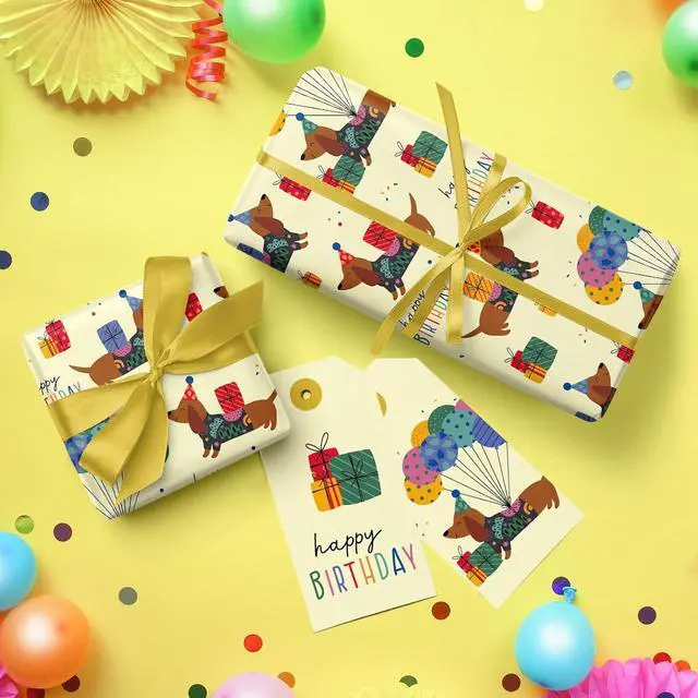 Alt view image 6 of 7 - WRAPAHOLIC Puppy Dog Wrapping Paper - Mini Roll - 17 Inch x 9.8 Feet - Yellow Birthday Wrapping Paper Perfect for Kids Boys Grils, Baby Shower