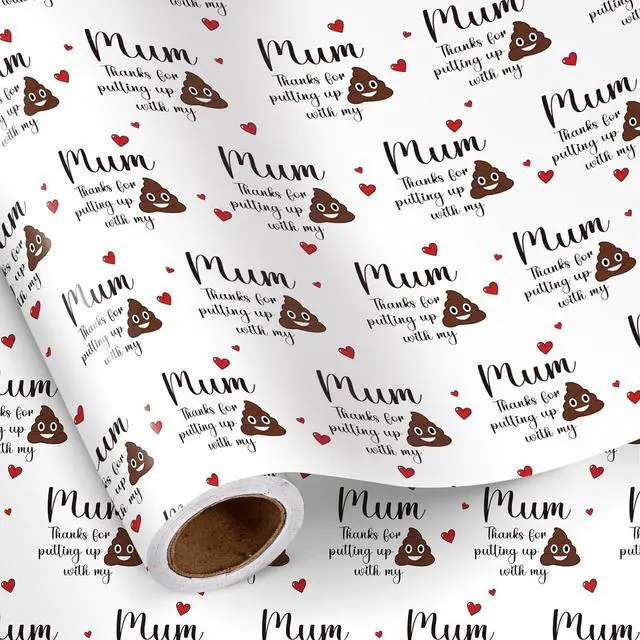 Main image of RUSPEPA Funny Mother's Day Wrapping Paper Roll, Mini Roll, Mum Thanks for Putting Up with My Poop Emoji Pattern Gift Wrap for Women, Mom, Mother's Day, Birthday, Gag Gifts, 17 Inches x 16.4 Feet