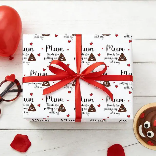 Alt view image 3 of 7 - RUSPEPA Funny Mother's Day Wrapping Paper Roll, Mini Roll, Mum Thanks for Putting Up with My Poop Emoji Pattern Gift Wrap for Women, Mom, Mother's Day, Birthday, Gag Gifts, 17 Inches x 16.4 Feet