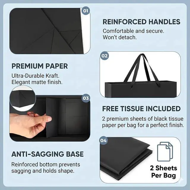 Alt view image 3 of 6 - GEGIBOA Extra Large Black Gift Bags with Tissue Paper, 2 Pack 15x6x12 Inch