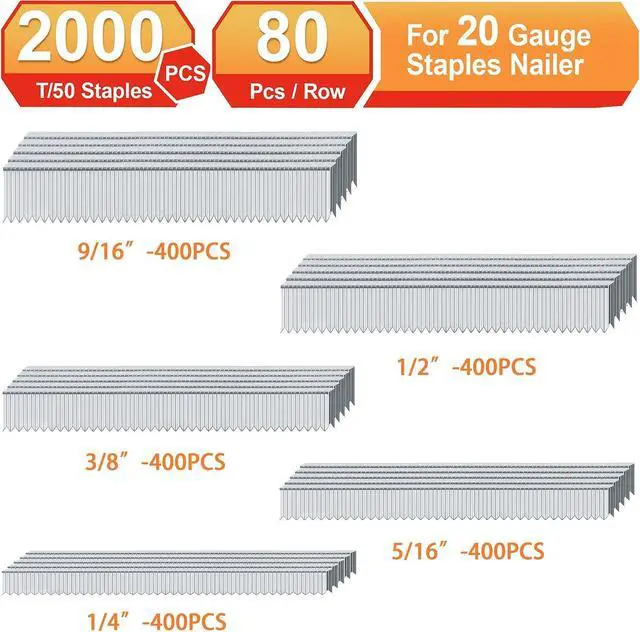 Alt view image 3 of 6 - 20 Gauge T/50 Staples,1/4"+5/16"+3/8"+1/2"+9/16":2000pcs