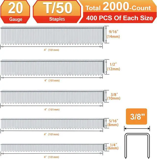 Alt view image 2 of 6 - 20 Gauge T/50 Staples,1/4"+5/16"+3/8"+1/2"+9/16":2000pcs