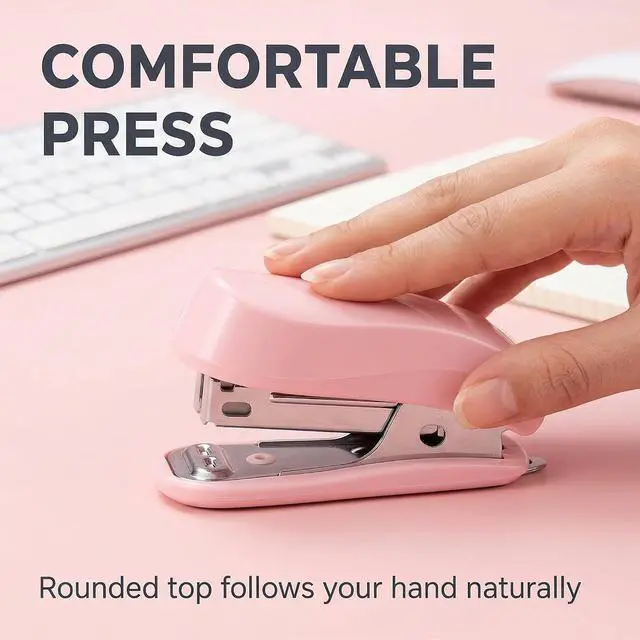 Alt view image 2 of 7 - Pink Mini Stapler Hand Stapler with Staple Remover and 1 Box Staples,Cute Stationery for Students and Office Use Desk Staplers