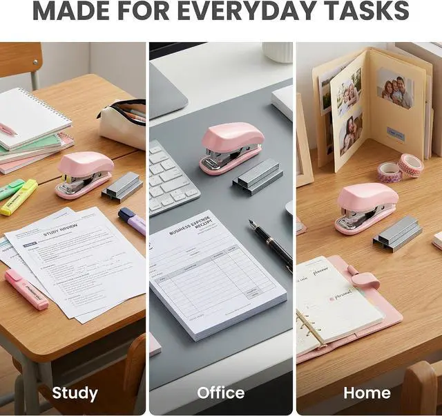 Alt view image 6 of 7 - Pink Mini Stapler Hand Stapler with Staple Remover and 1 Box Staples,Cute Stationery for Students and Office Use Desk Staplers