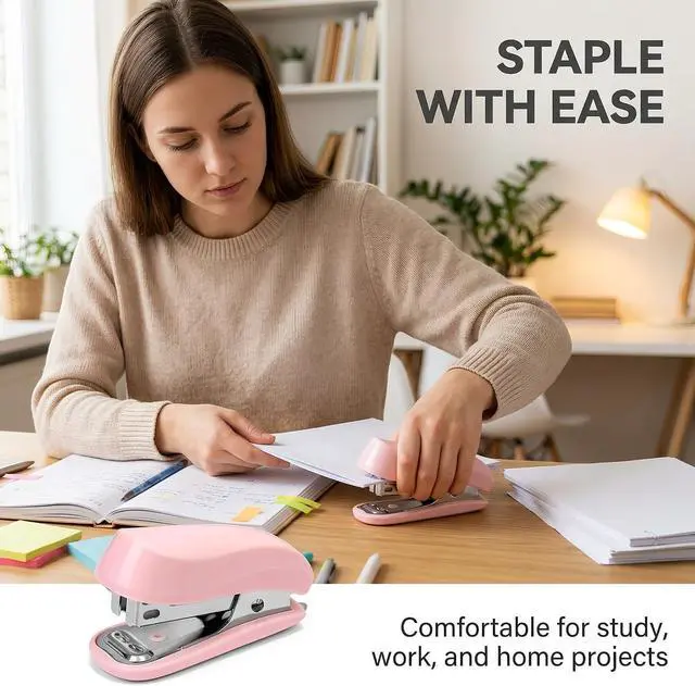 Alt view image 5 of 7 - Pink Mini Stapler Hand Stapler with Staple Remover and 1 Box Staples,Cute Stationery for Students and Office Use Desk Staplers