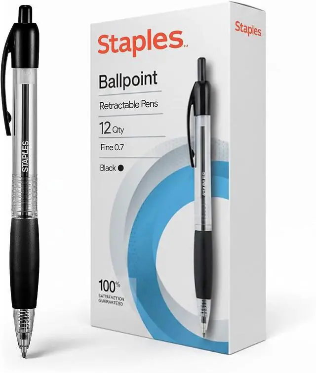 Main image of Staples Retractable Ballpoint Pens, Fine Point, Black Ink, 12-Pack