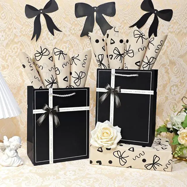 Alt view image 2 of 7 - Kraft Brown Tissue Paper, Black Bow Gift Wrapping Tissue Paper for Gift Bags Packaging, Modern Hand-drawn Style Tan Art Tissue for Birthday Holiday Wedding DIY Project Craft Decor,30 Sheets 20x14 inch