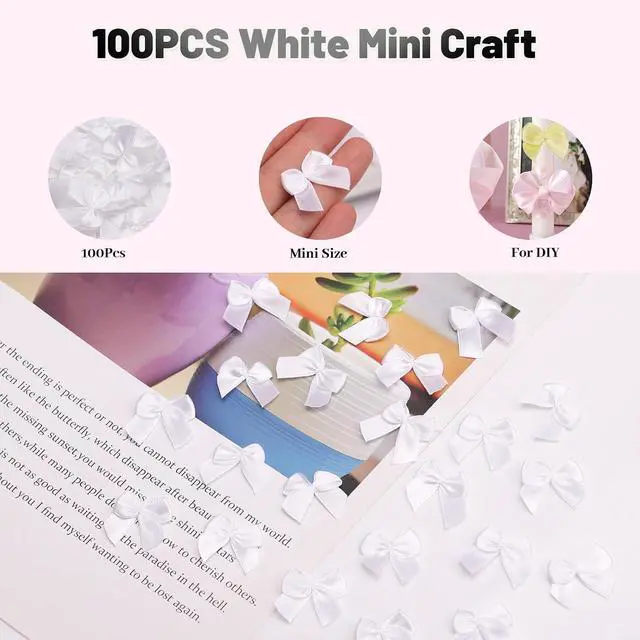 Alt view image 2 of 7 - 100 Pcs 1 Inch Pre-Tied Mini Satin Ribbon Bows in White, Small Fabric Craft Bows for DIY Embellishments, Gift Wrapping, Hair Clips, Cardmaking & Wedding Decorations