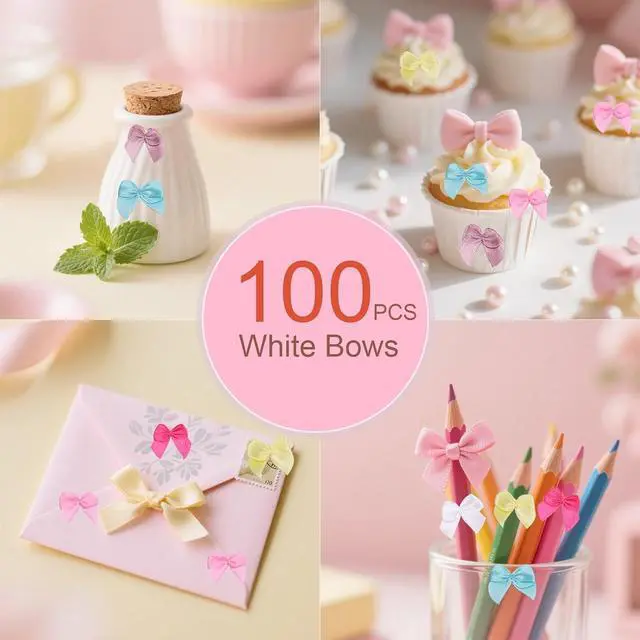 Alt view image 5 of 7 - 100 Pcs 1 Inch Pre-Tied Mini Satin Ribbon Bows in White, Small Fabric Craft Bows for DIY Embellishments, Gift Wrapping, Hair Clips, Cardmaking & Wedding Decorations