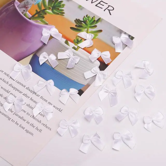 Alt view image 6 of 7 - 100 Pcs 1 Inch Pre-Tied Mini Satin Ribbon Bows in White, Small Fabric Craft Bows for DIY Embellishments, Gift Wrapping, Hair Clips, Cardmaking & Wedding Decorations