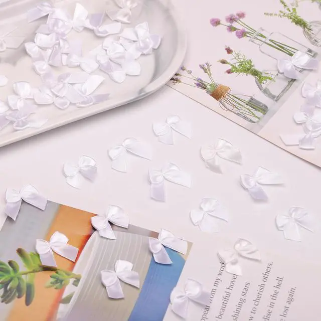 Alt view image 7 of 7 - 100 Pcs 1 Inch Pre-Tied Mini Satin Ribbon Bows in White, Small Fabric Craft Bows for DIY Embellishments, Gift Wrapping, Hair Clips, Cardmaking & Wedding Decorations