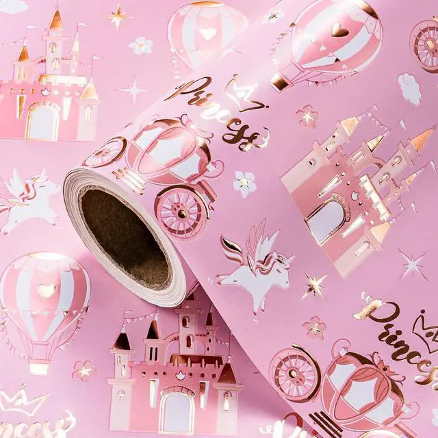Main image of WRAPAHOLIC Princess Wrapping Paper Roll - Mini Roll - 17 Inch x 16.5 Feet - Carriage Castle Pink Wrapping Paper with Pink Foil Design Perfect for Kids Girls Birthday, Baby Shower, Princess Party