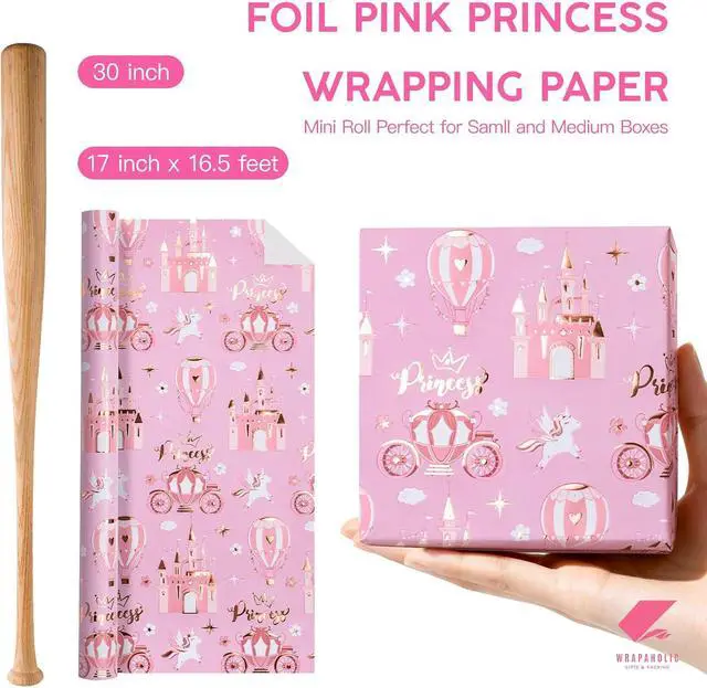 Alt view image 3 of 7 - WRAPAHOLIC Princess Wrapping Paper Roll - Mini Roll - 17 Inch x 16.5 Feet - Carriage Castle Pink Wrapping Paper with Pink Foil Design Perfect for Kids Girls Birthday, Baby Shower, Princess Party