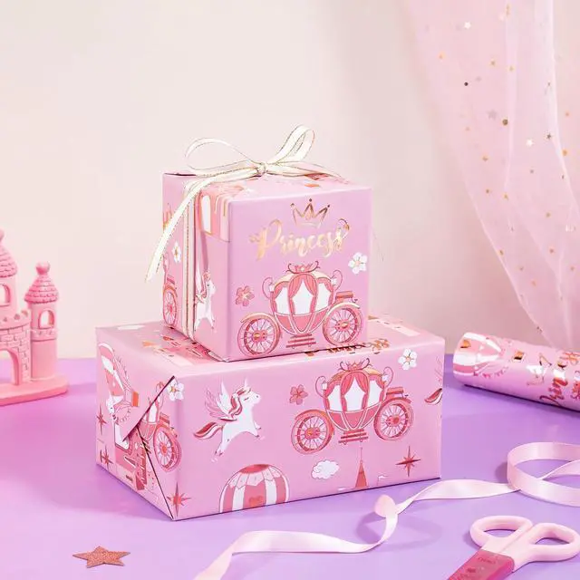 Alt view image 4 of 7 - WRAPAHOLIC Princess Wrapping Paper Roll - Mini Roll - 17 Inch x 16.5 Feet - Carriage Castle Pink Wrapping Paper with Pink Foil Design Perfect for Kids Girls Birthday, Baby Shower, Princess Party