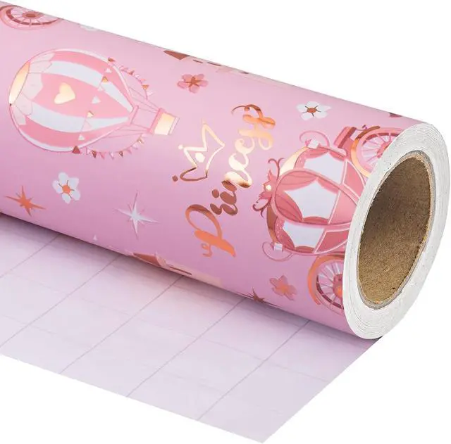 Alt view image 2 of 7 - WRAPAHOLIC Princess Wrapping Paper Roll - Mini Roll - 17 Inch x 16.5 Feet - Carriage Castle Pink Wrapping Paper with Pink Foil Design Perfect for Kids Girls Birthday, Baby Shower, Princess Party